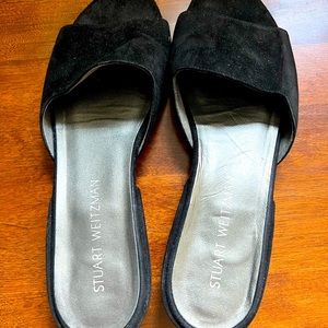 Stuart Weitzman black suede slip on block heels sandals size 9
